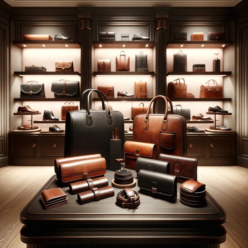 dall·e 2024 01 10 18.24.01 a photorealistic image of a variety of leather goods displayed in a high end store. the setting is sophisticated and luxurious with dark wooden shelv